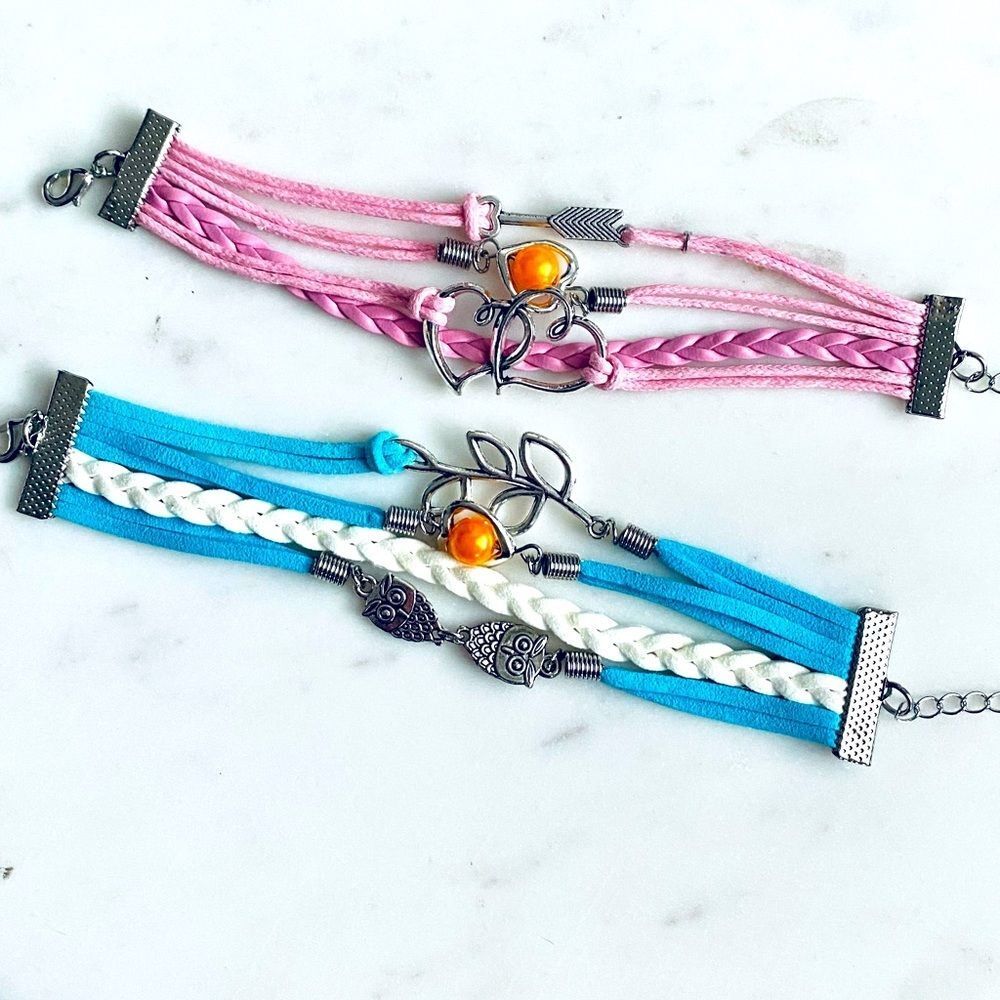 Leather Wrap Bracelet Layer Infinity Heart Leaf Set Jewelry Pink Blue Leaf Boho